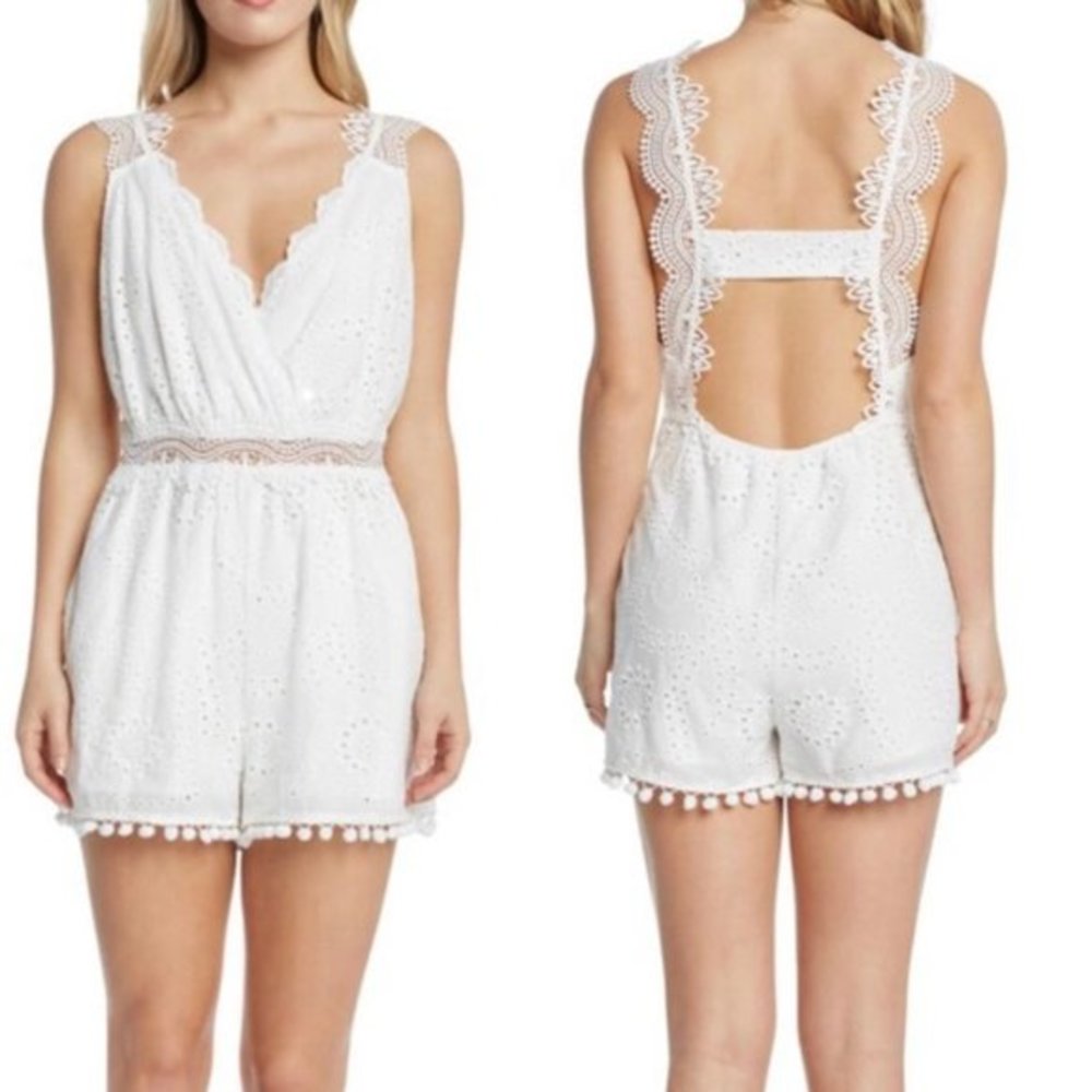 NWT Willow & Clay White Eyelet Lace Pom Pom Romper
